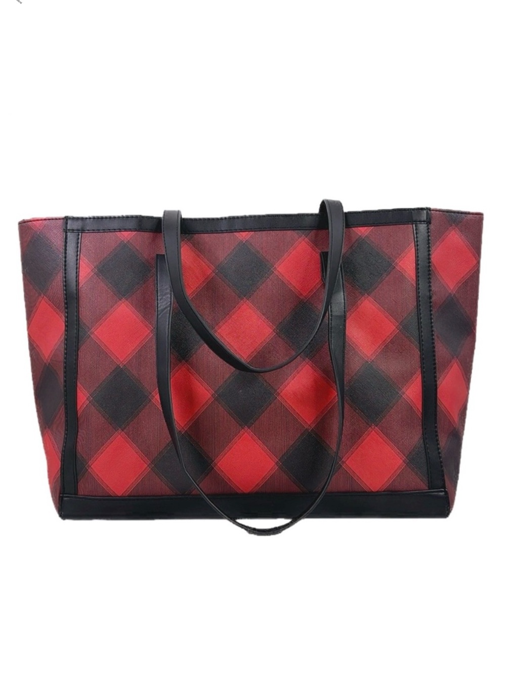 Victoria’s Secret Weekender Tote Bag Black & Red Plaid Silver Metallic Logo - Picture 4 of 8